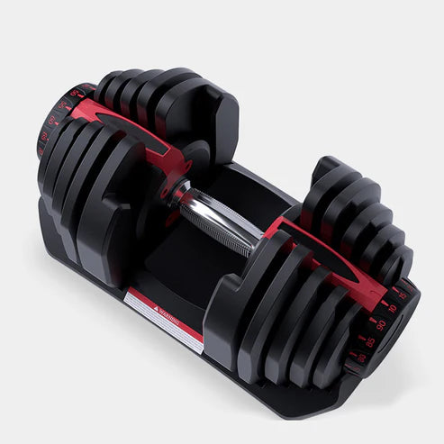 Pair of adjustable dumbbells on a white background