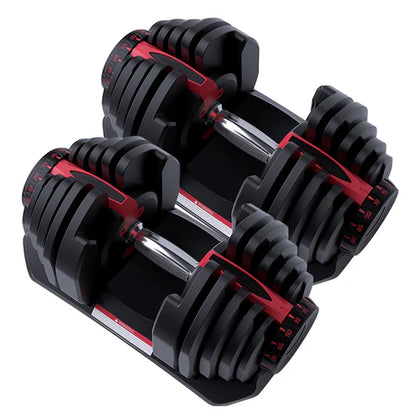 Pair of adjustable dumbbells with black and red design on a white background