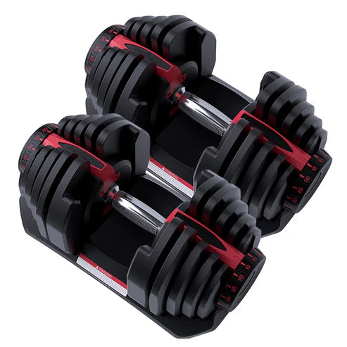 Pair of adjustable dumbbells with black and red design on a white background