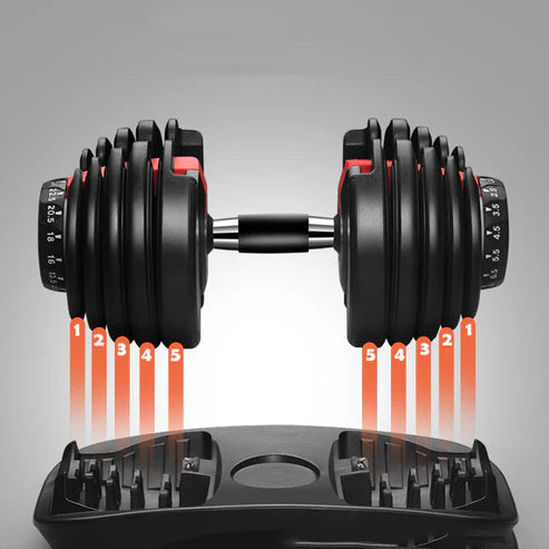 Adjustable dumbbell set with weight plates on a gray background