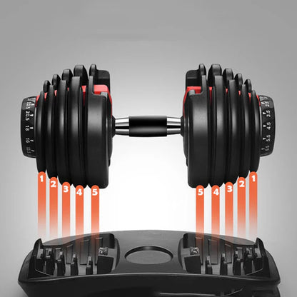 Adjustable dumbbell set with weight plates on a gray background