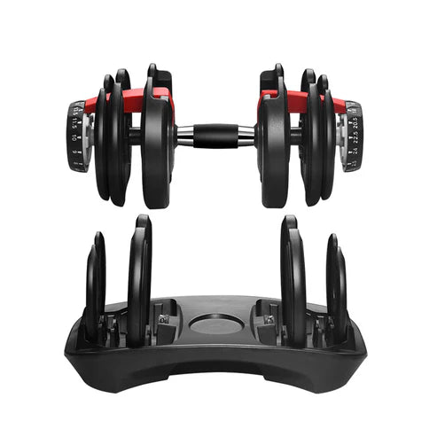 Pair of adjustable dumbbells with a stand on a white background