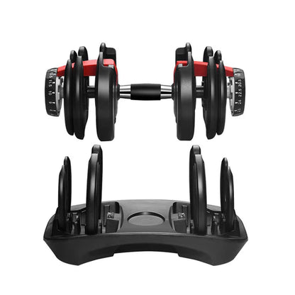 Pair of adjustable dumbbells with a stand on a white background