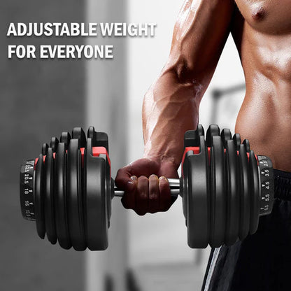 Person holding an adjustable dumbbell with text 'Adjustable Weight for Everyone' on a blurred background