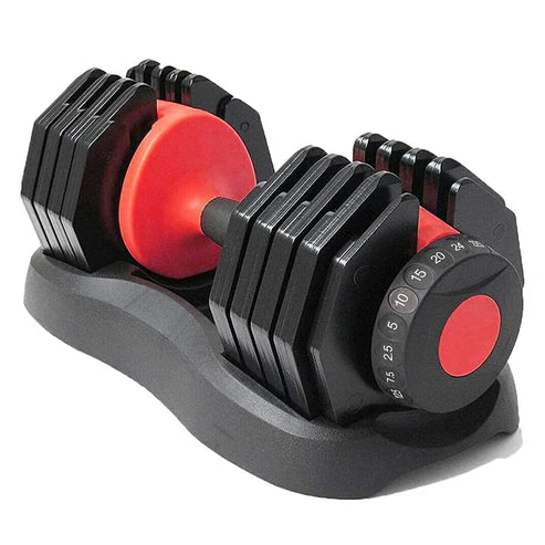 Pair of adjustable dumbbells with red padding on a white background