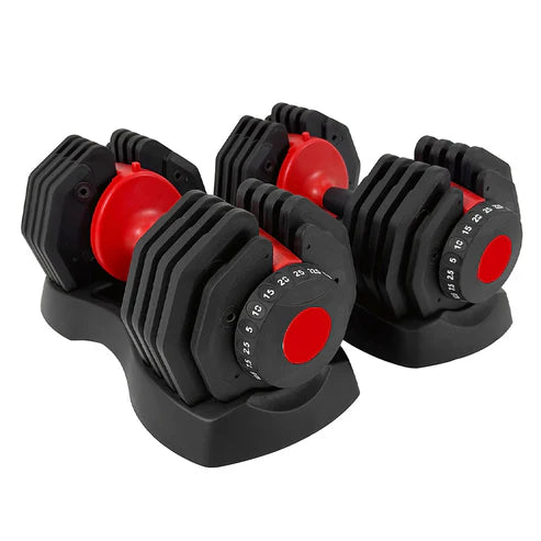 Set of adjustable dumbbells with red accents on a white background
