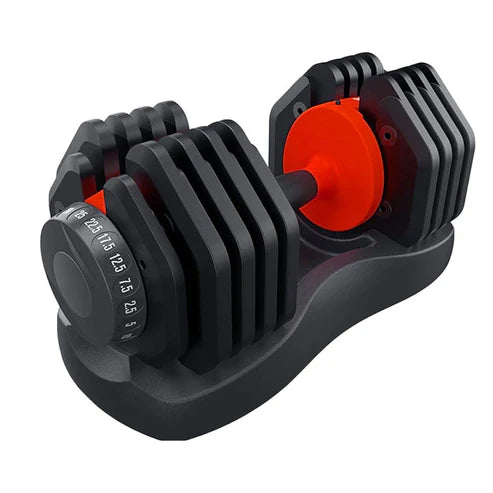 Pair of adjustable dumbbells with black and red design on a white background