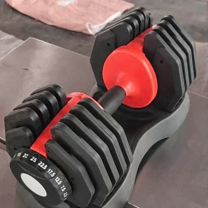 Pair of adjustable dumbbells with red accents on a concrete surface