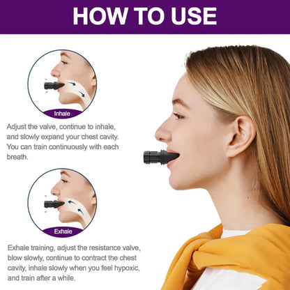 Person using a breathing device with instructional text on how to use it.