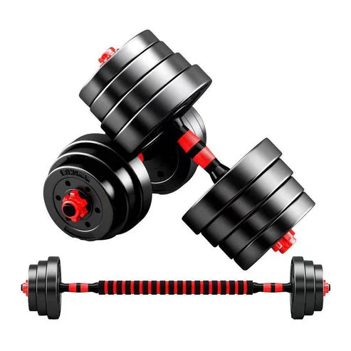 Pair of black and red adjustable dumbbells on a white background