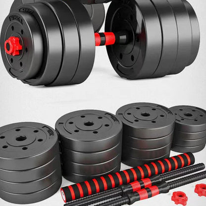 Set of adjustable dumbbells and weight plates on a white background