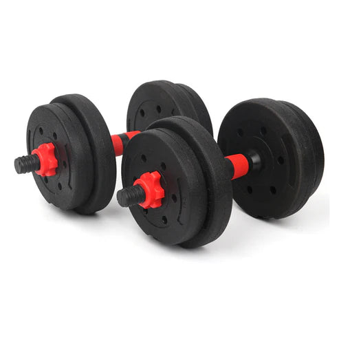 Pair of black dumbbells with red weight plates on a white background