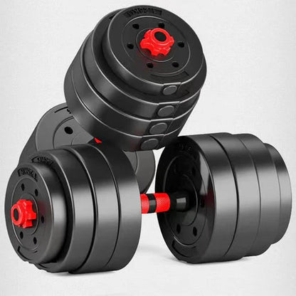 Pair of black adjustable dumbbells with red accents on a light gray background