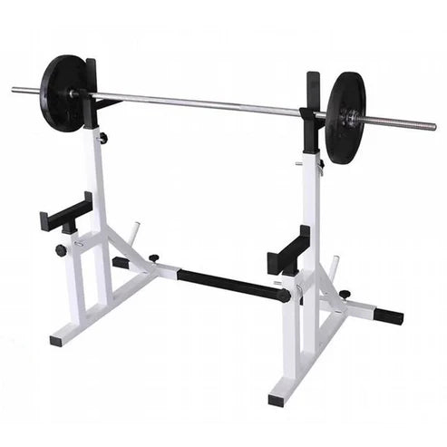 White weight rack with barbell on a white background