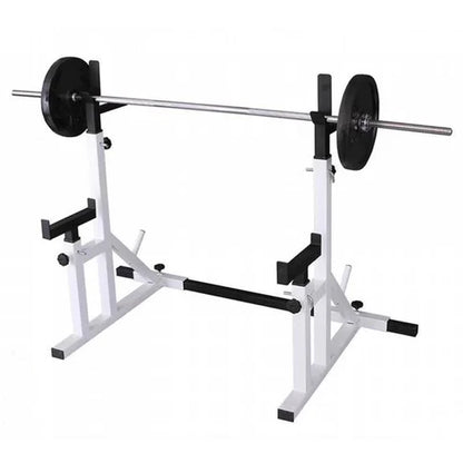 White weight rack with barbell on a white background