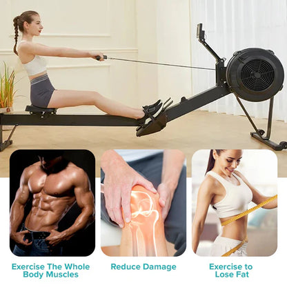 Woman using a rowing machine with fitness benefits highlighted.