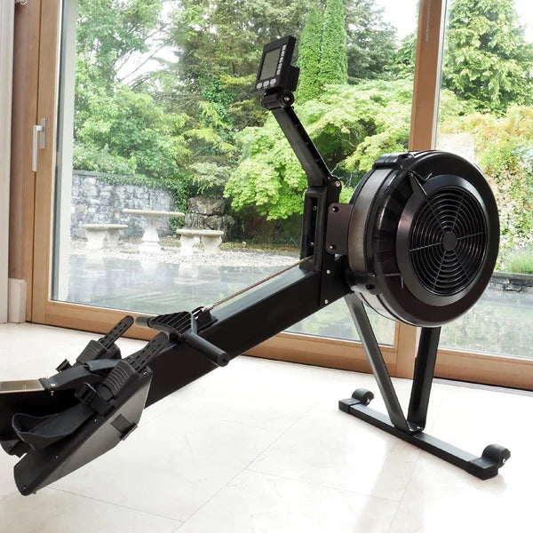 Rowing machine indoors with a view of greenery outside a window