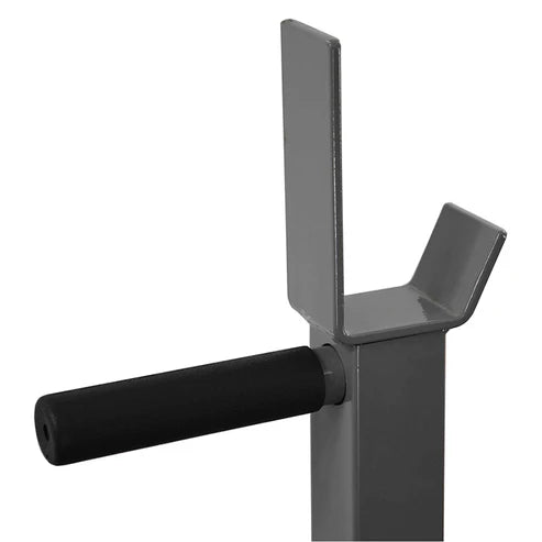 Metal stand with a black handle on a white background