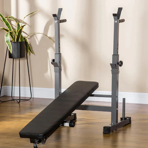 Black weight bench with adjustable stands on a wooden floor, plant in the background.