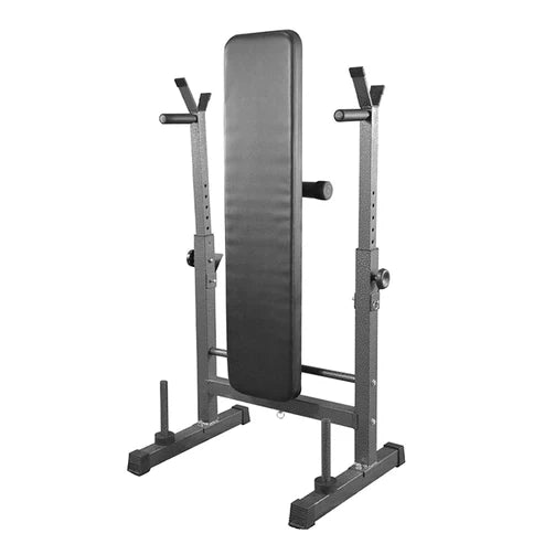 Black weight lifting bench and rack on a white background