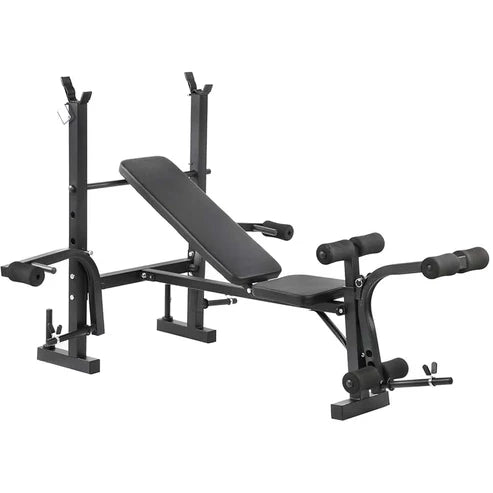 Black weight bench with adjustable components on a white background