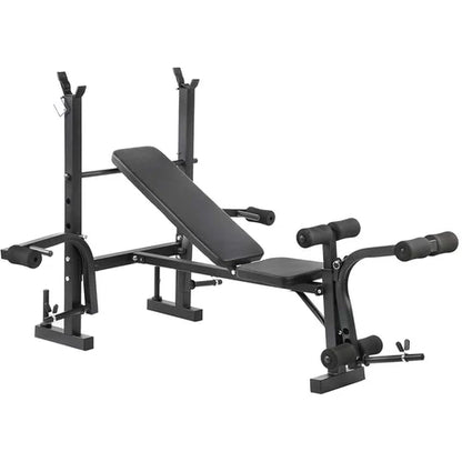 Black weight bench with adjustable components on a white background