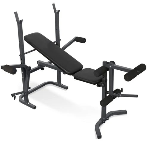 Black weight bench with adjustable components on a white background
