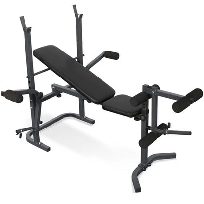 Black weight bench with adjustable components on a white background