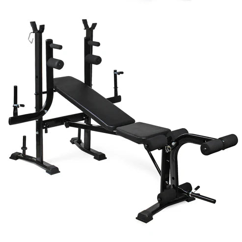 Black weight bench with adjustable components on a white background