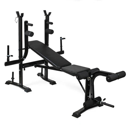 Black weight bench with adjustable components on a white background