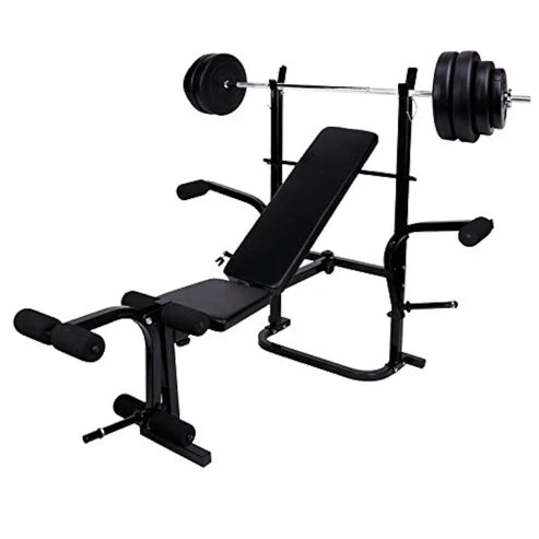 Black weight bench with weight plates on a white background