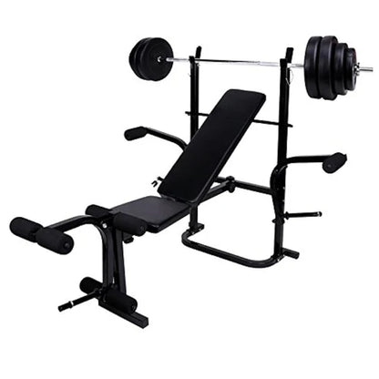 Black weight bench with weight plates on a white background