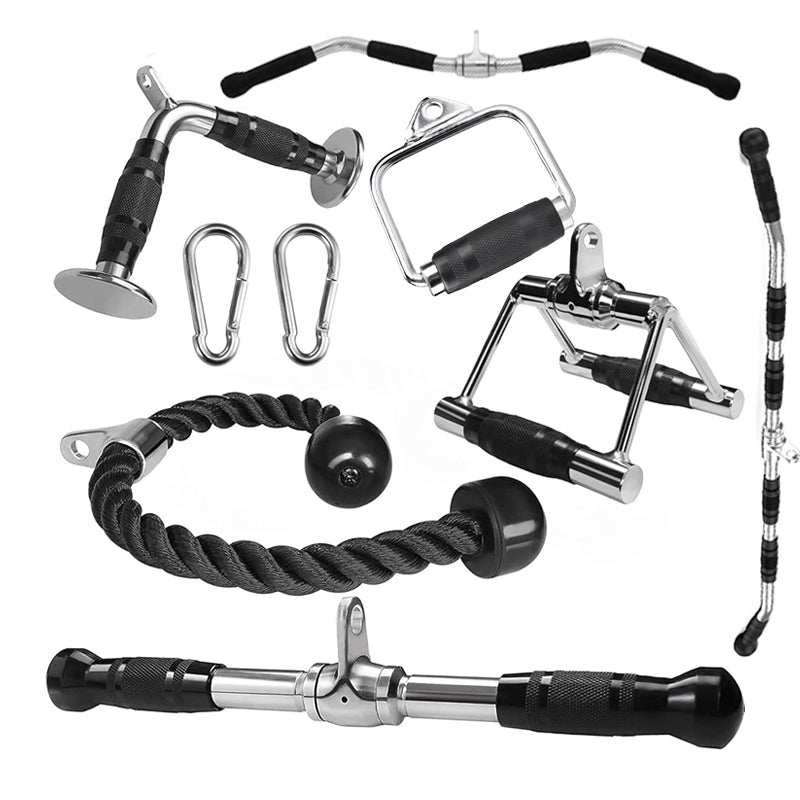 Cable Machine Attachments – Tricep Rope, V Bar, Curl & Lat Pulldown Bars with Carabiner Clips for Home Gym Strength Training