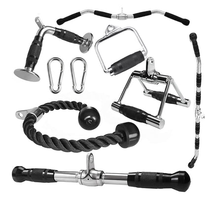 Cable Machine Attachments – Tricep Rope, V Bar, Curl & Lat Pulldown Bars with Carabiner Clips for Home Gym Strength Training