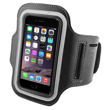 Black and gray armband with smartphone displaying app icons on a white background