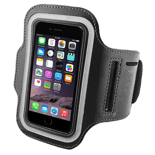 Black and gray armband with smartphone displaying app icons on a white background