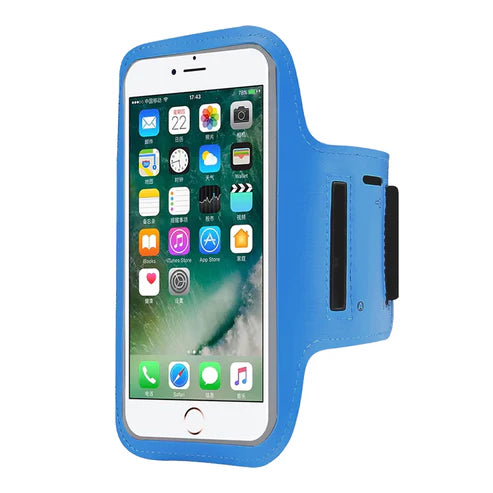 Blue phone armband with smartphone displaying app icons on a white background