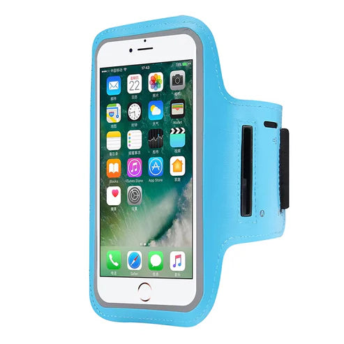 Blue phone armband with smartphone displaying app icons on a white background
