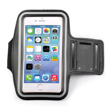 Black armband with smartphone displaying app icons on a white background