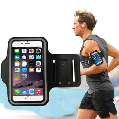 Person running with a phone armband on a white background