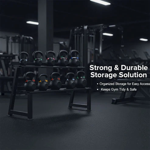Woman using a kettlebell rack in a gym setting with text about quick access and safety.