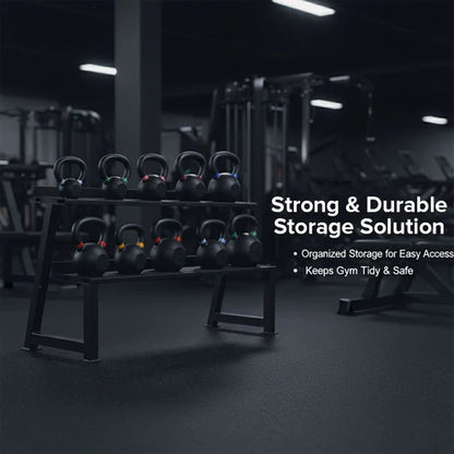 Woman using a kettlebell rack in a gym setting with text about quick access and safety.