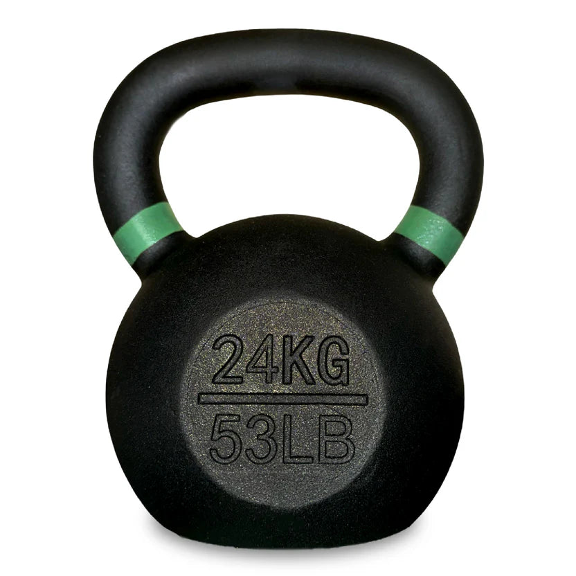 Black kettlebell with green accents on a white background