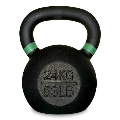 Black kettlebell with green accents on a white background