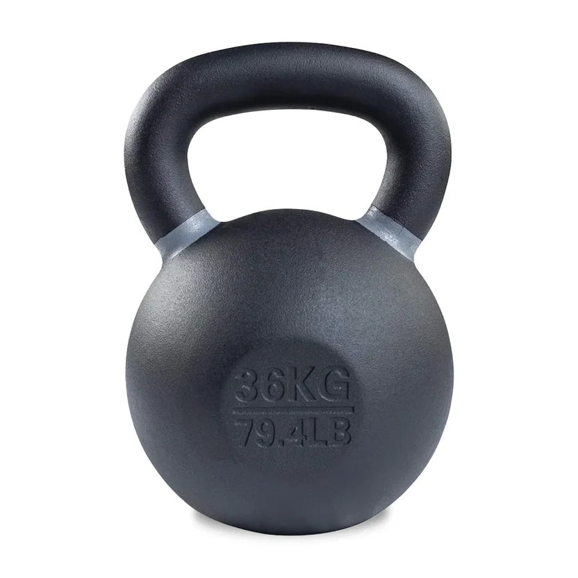 Black kettlebell with grey accent on a white background