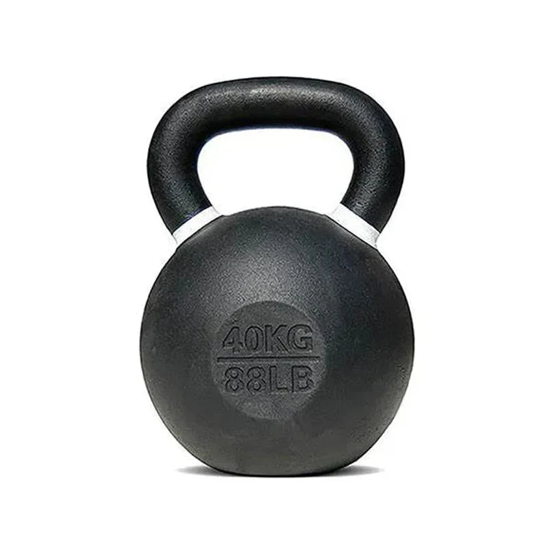 Black kettlebell with white accent on a white background