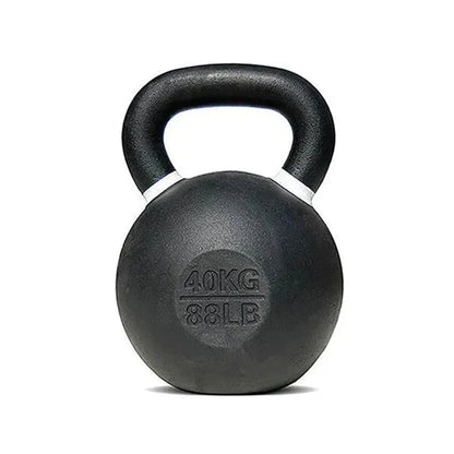 Black kettlebell with white accent on a white background
