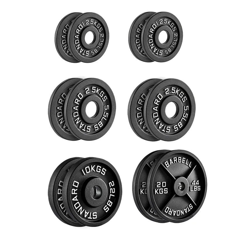 Set of black weight plates with labeled weights on a white background