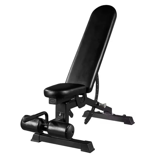 Black adjustable weight bench on a white background