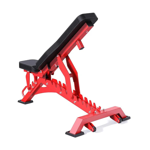 Red adjustable weight bench on a white background